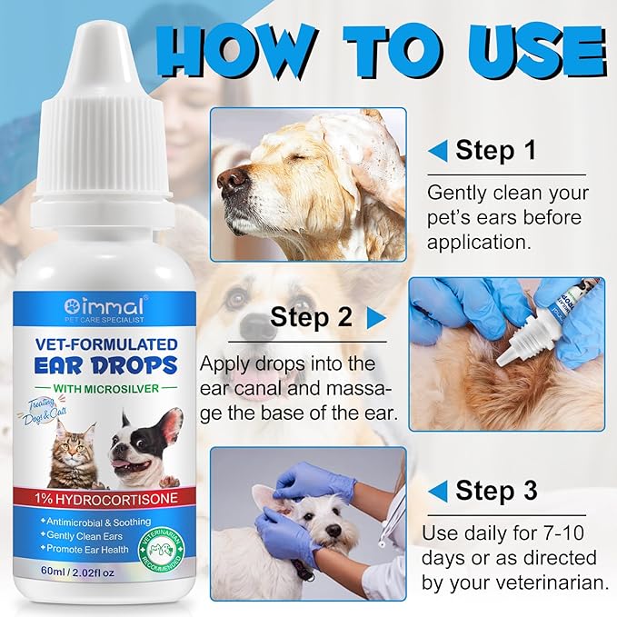 Ear Infection Treatment Drops for Dogs and Cats, Pets Ear Cleaning Solution Drops with 1% Hydrocortisone Soothing Dog Yeast Infection, Itchy Ear Relief, Pet Ear Care Supplies for Dogs & Cats - 2 fl oz-PawvioPets