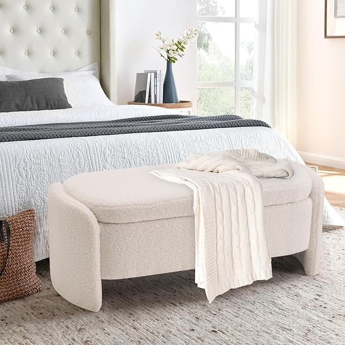 47.6 Inch Lamb Fleece Oval Storage Bench Upholstered Ottoman Bench with Storage, Bedroom Bench with Large Storage Space, for Bedroom Living Room Entryway, Beige-PawvioPets