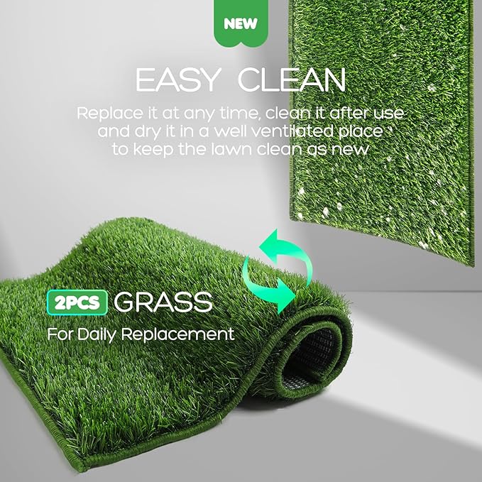 Dog Grass Pad with Tray, 23×16in Small Litter Box, 2×Grass Pad for Dogs Potty Washable, Thick Soft Odor-Free Hemmed Dog Pee Grass, Indoor Puppy Potty Training Balcony (Without Grid)-PawvioPets