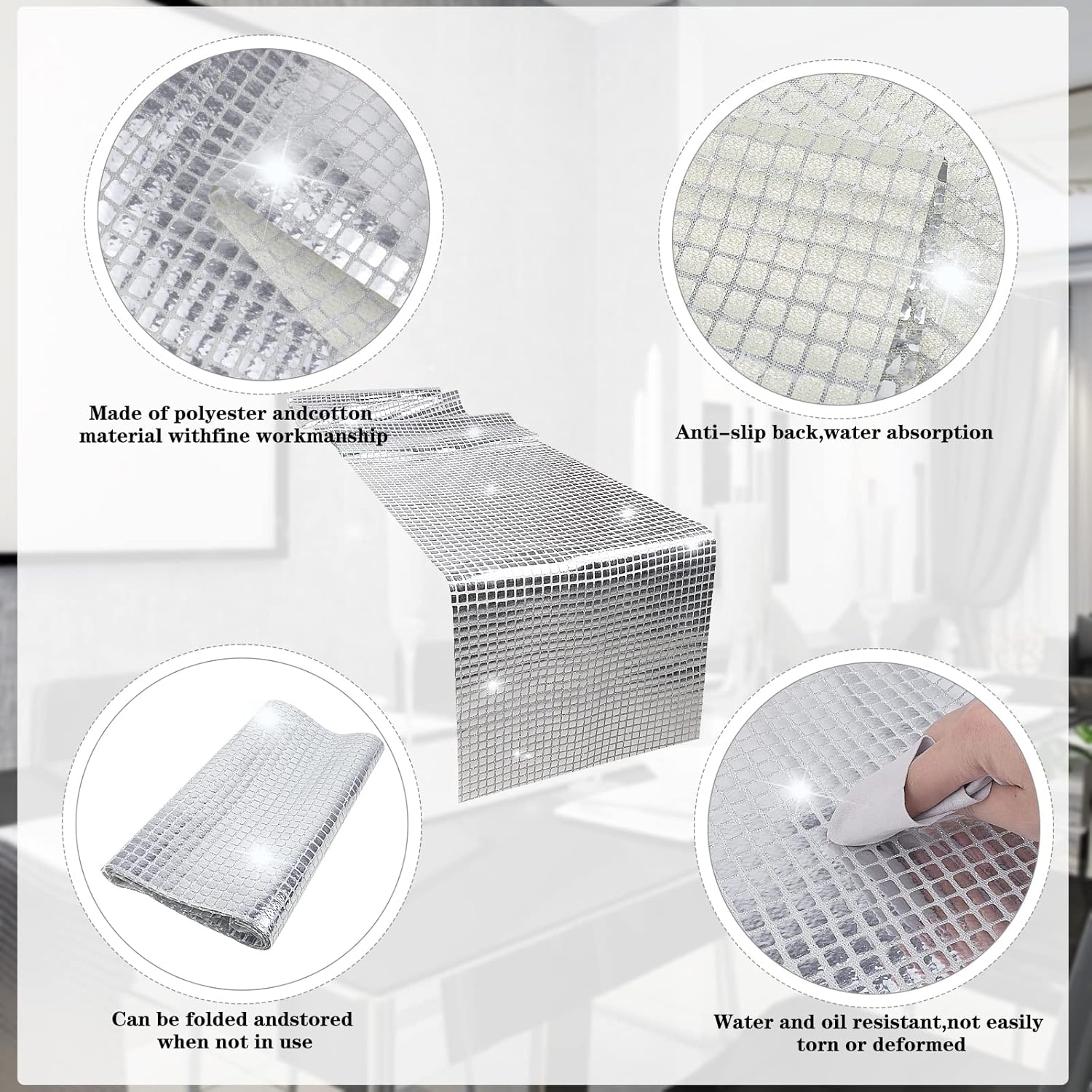 12 x 108 Inches Glitter Disco Table Runner - Retro 70s 80s Theme Decor - Silver Sequin - Bachelorette & Wedding Party Supplies