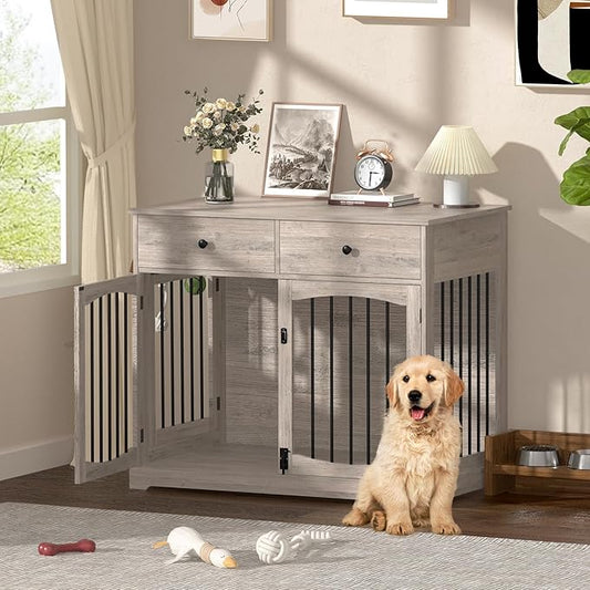 40 Inch Furniture-Style Dog Crate-Multipurpose Wood Pet Crate Furniture with Double Doors,2 Drawers, Decorative Dog House Indoor for Smal/Medium Dogs, Gray Finish-PawvioPets