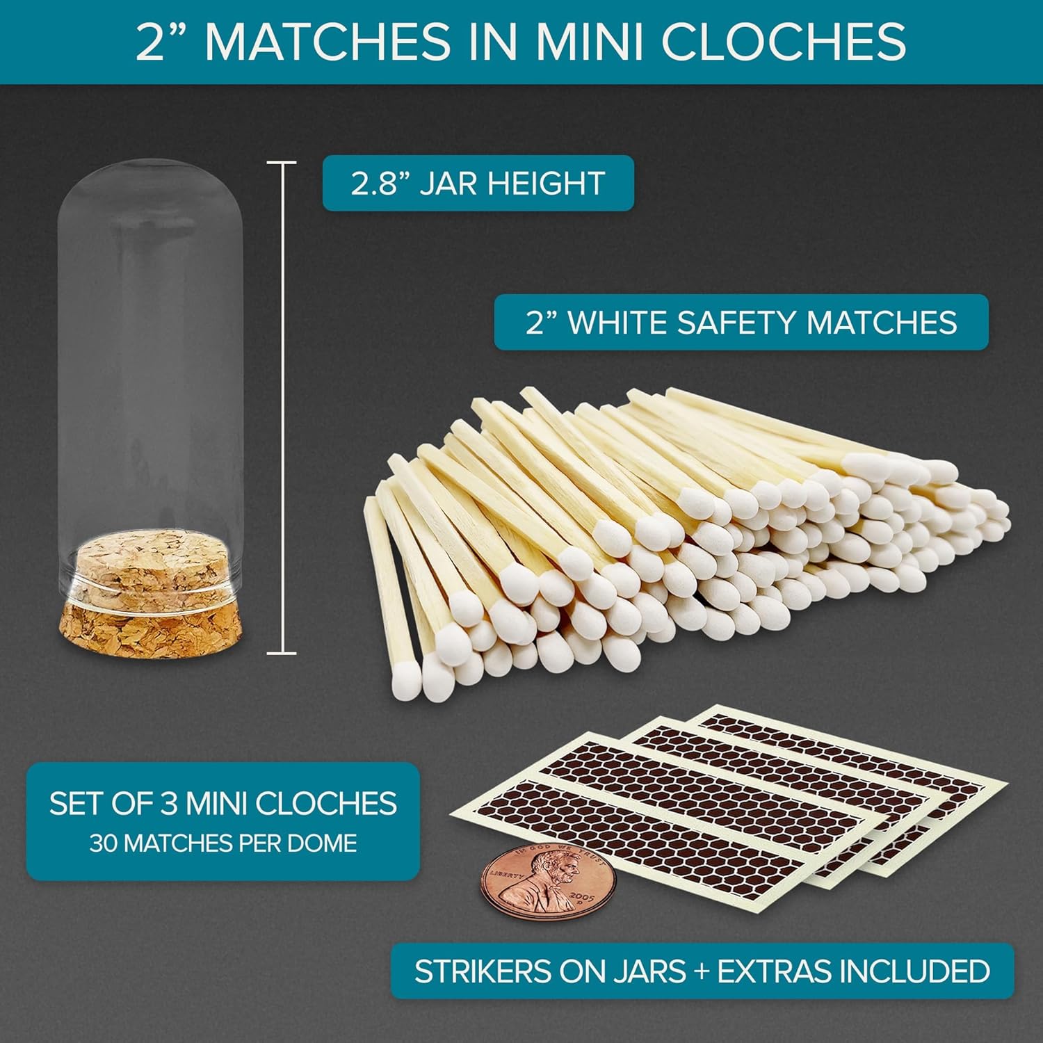 2" White Tip Matches with 3 Mini Cloche Jar + Striker Stickers Included | 100 Classic White Decorative Matches with a Small Glass Holder | Gifts, Home Decor, & Candle Accessories by Thankful Greetings