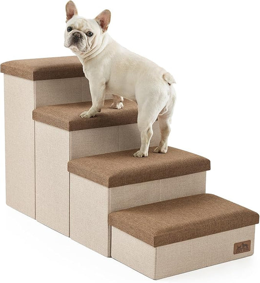Dog Stairs with Storage, 4-Step Wider Sturdy Dog Steps for Small/Medium/Large Dogs and Older Cats, Folding Doggie Ramp for Bed/Couch/Car Hold Up to 180 lbs (22" H, Brown)-PawvioPets