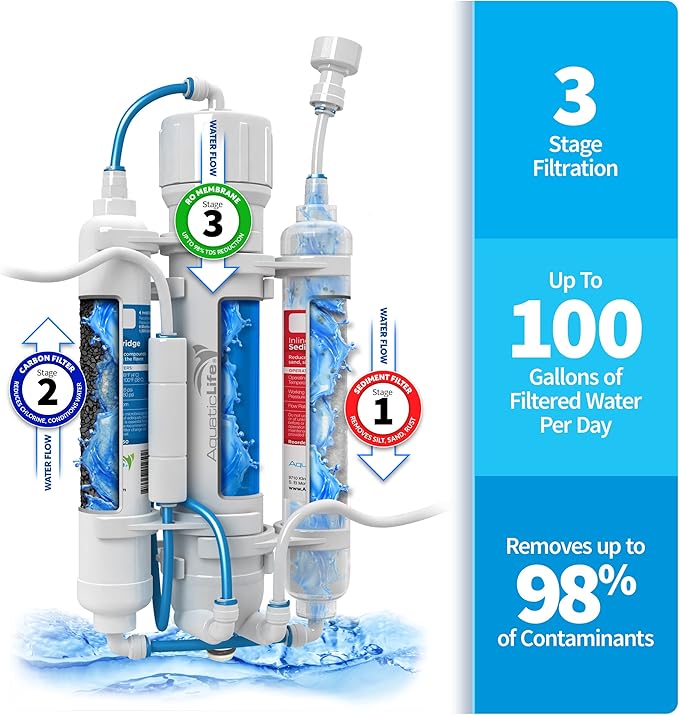 Aquatic Life RO Buddie 3-Stage Reverse Osmosis Aquarium Water Filter System RO Filtration Unit for Fish Tank, Fountains, and More, 100 GPD-PawvioPets