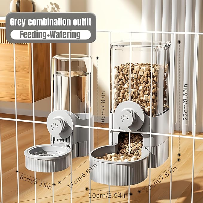 GPY Automatic Hanging Gravity Pet Feeder and Water Dispenser Set ，Automatic Dog Feeder and Dog Water Dispenser for Dogs Cats Pets Animals Large Capacity (Blue Water Feeder&Food Feeder) (Grey)-PawvioPets