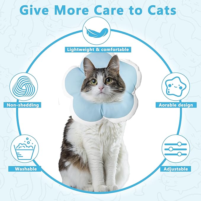 Cat Cone Collar Soft, Waterproof Cats Cones to Stop Licking After Surgery, Adjustable Soft Elizabeth Cats Collars for Wound Healing, Flower Shape Cat Recovery Collar (Blue, Small)-PawvioPets