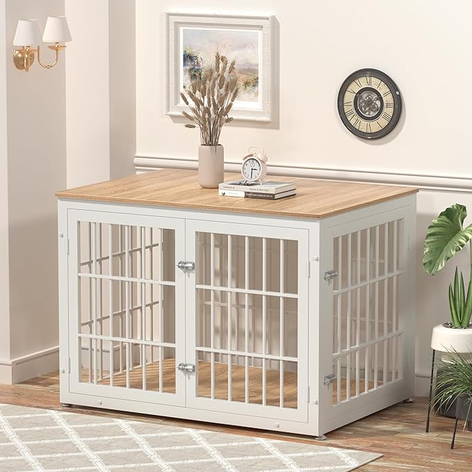 42 Inch Heavy Duty Dog Crate Furniture for Large and Medium Dogs, Decorative Pet House End Table, Wooden Cage Kennel Furniture Indoor, Natural and White-PawvioPets