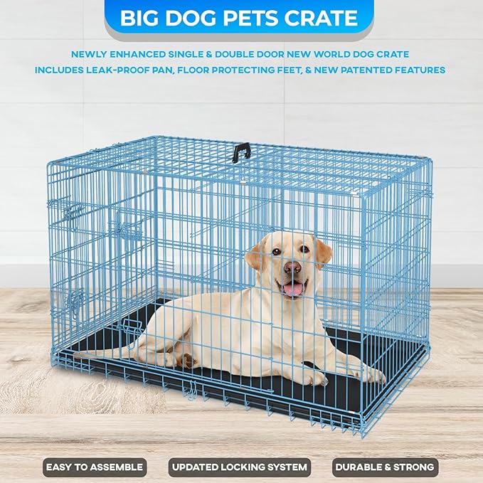 FDW Dog Crate for Large Dogs 42 Inch Folding Metal WirePet Cage Double Door W/Divider Panel Indoor Outdoor Kennel Leak-Proof Plastic Tray,Blue-PawvioPets