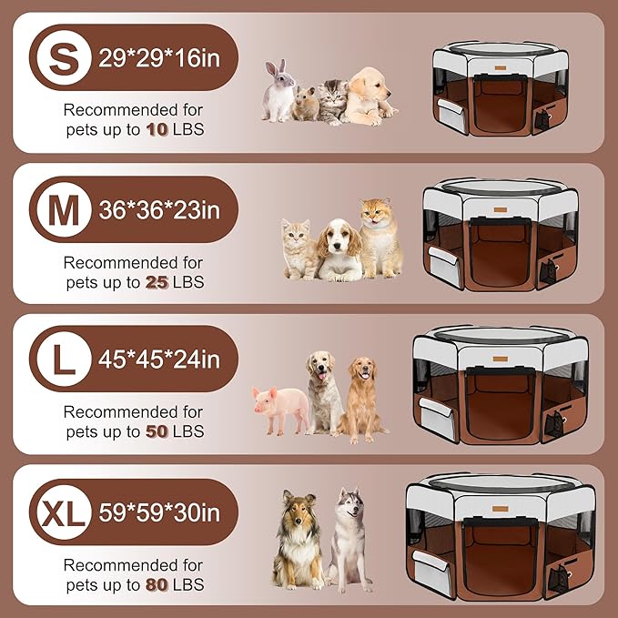 Dog Playpen, Portable Pet Play Pen for Cat, Puppies, Rabbits, Chickens, Foldable Large-Capacity Pet Tent for Indoor/Outdoor Travel Camping Brown-PawvioPets
