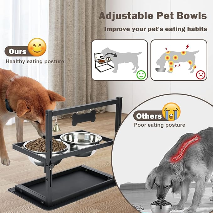 Elevated Dog Bowls with Slow Feeder for Large Dogs – Adjustable Raised Stand with 2 Stainless Steel Bowls & Spill-Proof Mat, Non-Slip Dog Feeder for Large & Medium Dogs (Black)-PawvioPets