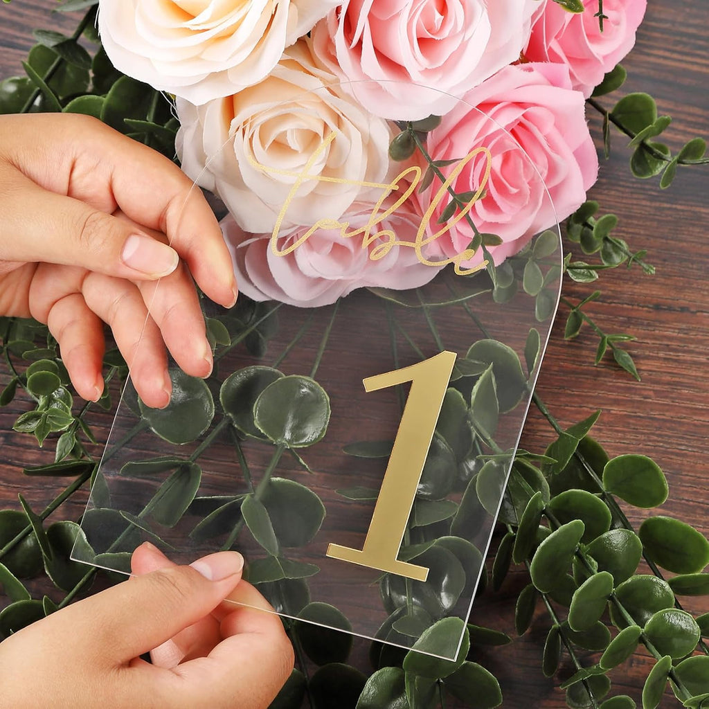 Wedding Table Numbers 1-20 with Holders, 5 x 7 Inch Transparent Acrylic Reception Table Signs Golden Letters, Number Cards for Party, Restaurant