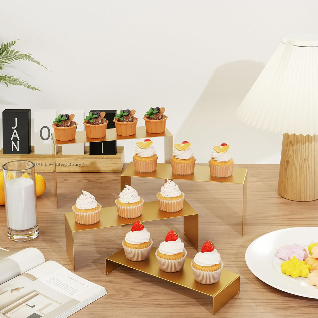 Black Matte Metal Display Stand,8 Pcs 2 Set Display Risers, Metal Rectangular Display Shelf for Showcase, Dessert, Toys, Perfume (8Pcs-Gold, L7''x8''x9)