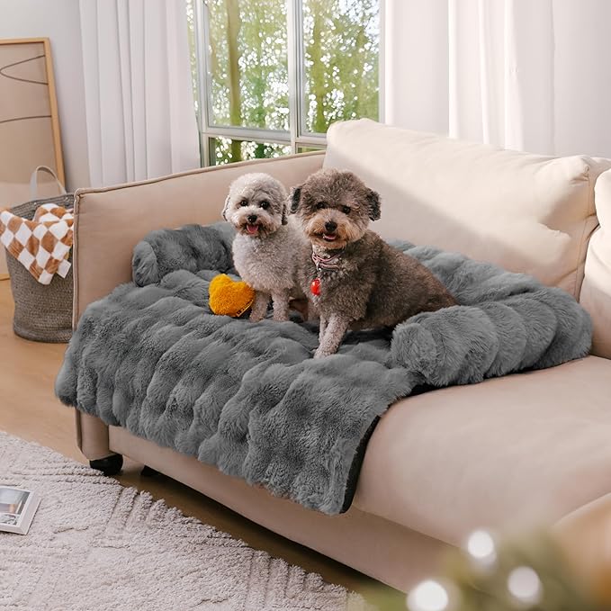 FUNNY FUZZY Pet Fluffy Fuzzy Couch Cover, Calming Washable Dog Bed Sofa Protector Pets Mat for Small Medium Dogs and Cats (Grey,33.45 × 28.35 × 5.51 in)-PawvioPets