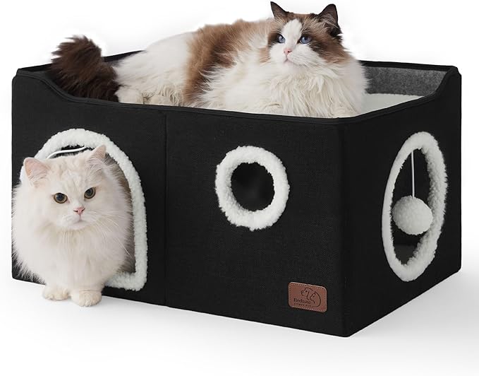 Bedsure Large Cat Beds for Indoor Cats - Extra Wide Cat Cube House for Small Pet with Fluffy Ball Hanging and Scratch Pad, Foldable Pet Cave Hideaway for Multiple Cats, 23.6x16.9x13 inches, Black-PawvioPets