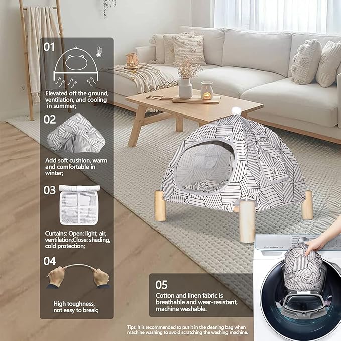 2-in-1 Elevated Cat Tent Cat House, Quick Assembly and Disassembly, Portable Indoor/Outdoor Cute Cat Bed Cave-White Diamond Pattern-PawvioPets