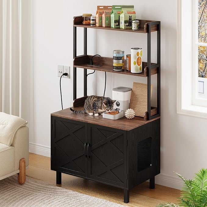 55 Inches Cat Litter Box Enclosure, Hidden Litter Box Furniture with 2 Storage Shelves and Charging Sockets, Wooden Cat House, Large Indoor Cabinet for Living Room & Entryway, Black-PawvioPets