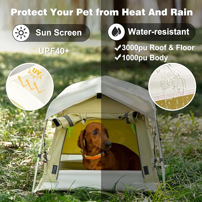 Dog Tent Cotton Fabric, Aluminum Poles and Camping Mat, Outdoor Weatherproof, Dog House Outdoor, Breathable with 2 Side Windows, Portable and Collapsible (Green, Small)-PawvioPets