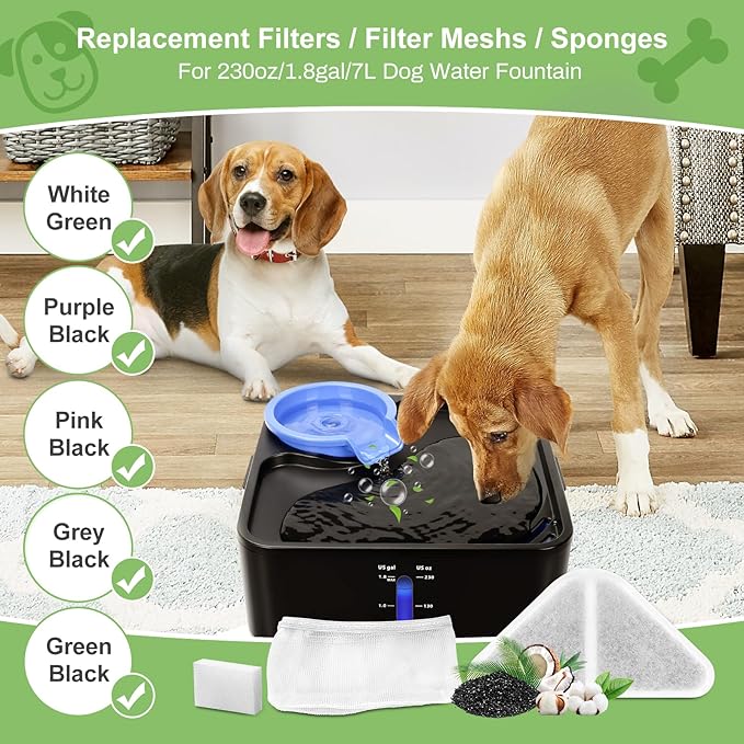12 Sets of Replacement Filters for 230oz/7L Dog Water Fountain, GISOFIK Cat Water Fountain Filter, 5 Layers Filtration System Pet Fountain Filters Replacement (12 Filters+12 Mesh Bag+14 Sponge)-PawvioPets