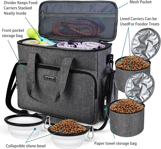 BAGLHER Dog Travel Bag, Airline Approved Pet Tote Organizer with Multi-Function Pockets, 2 X Food Storage Containers and 2 X Collapsible Dog Bowls, Perfect Weekend Pet Travel Set for Dog, Cat Grey-PawvioPets