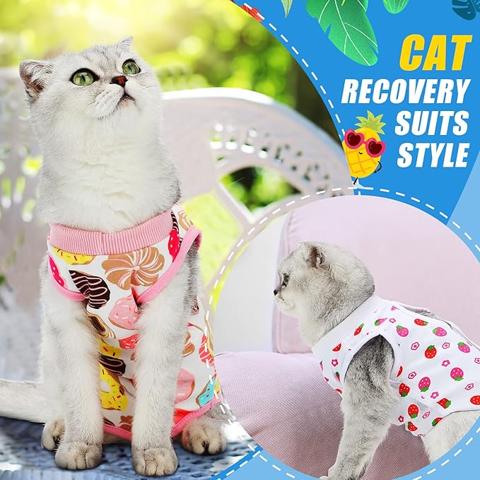 4 Pieces Cat Recovery Suits Body Wraps Breathable Kittens Recovery Clothes for Cats Small Dogs Abdominal Weaning(Banana, Football, Strawberry, Donut,L)-PawvioPets