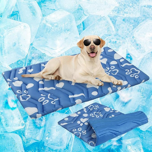 BEAUTYZOO Dog Cooling Mat- Upgraded Thicken Cooling Mat for Large Dogs Reversible(Cool & Warm) Pet Ice Cool Bed Washable & Portable, Summer Crate Pad for Big Dog Puppy Up to 100 lbs, Paw Blue 59X40IN-PawvioPets
