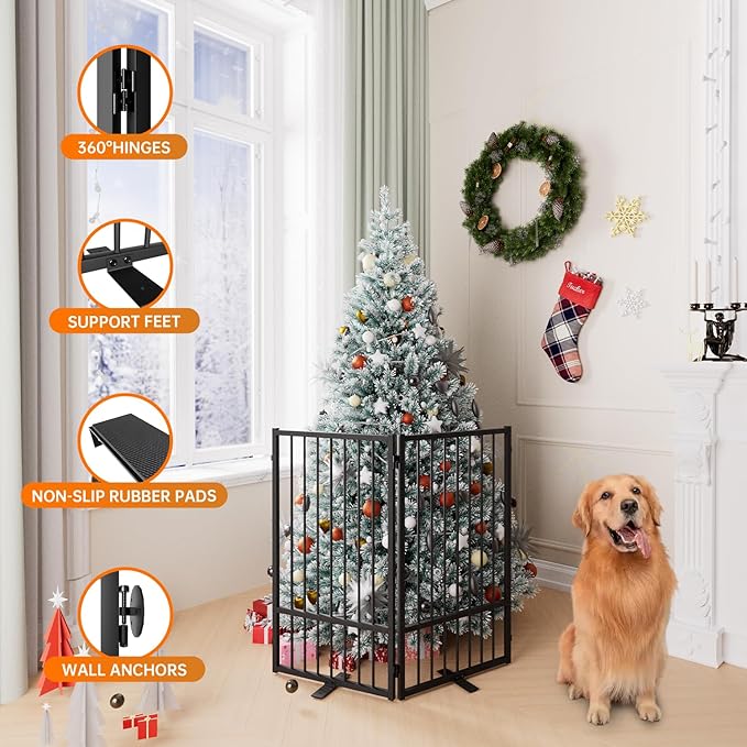 Full Metal Freestanding Dog Gate with Door, 36''Height Foldable Pet Dog Fence for Indoor & Outdoor, 2 Panels Extra Wide Free Standing TallDog Gates for Doorways,House,Stairs,Porch,Deck,Yard-PawvioPets