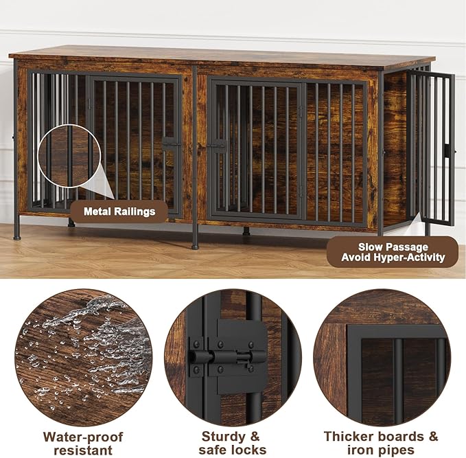 EasyCom 63" Dog Cage Furniture for 2 Pets with Divider, XL Wooden Double Dog Crate Furniture TV Stand for Mideum Breed, Durable and Sturdy-PawvioPets