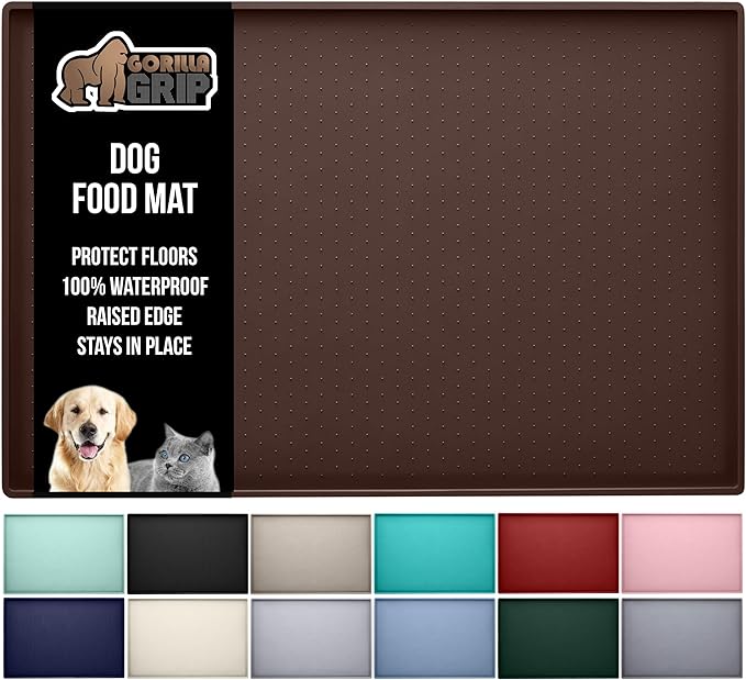GORILLA GRIP 100% Waterproof Raised Edge BPA Free Silicone Pet Feeding Mat, Dog Cat Food Mats Contain Spills Protects Floors, Placemats for Cats and Dogs Water Bowl, Pets Accessories 16x10, Brown-PawvioPets