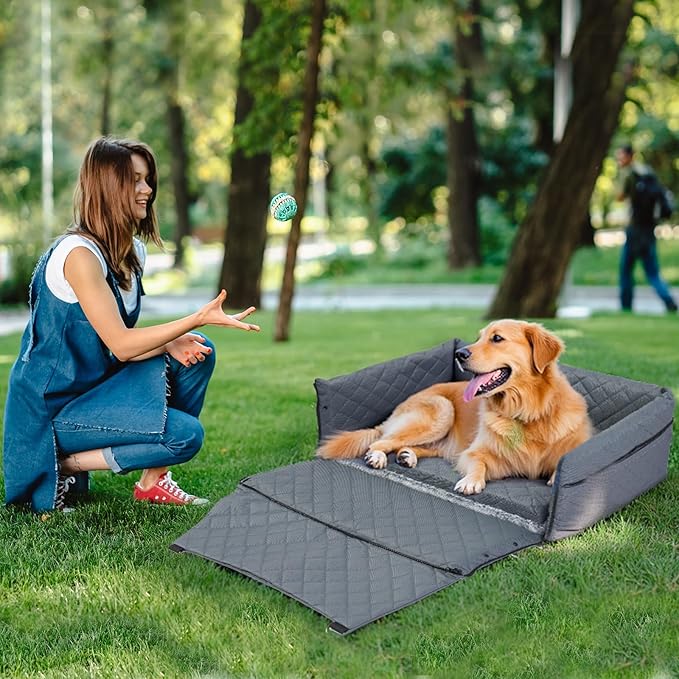 Dog Car Seat for Large/Medium Pet, Anti Slip Bottom Dogs Booster Seat for All Seasons,Pet Travel Bed with Thick Dog Sofa Cushion, Storage Pockets 2 Safety Leashes-PawvioPets