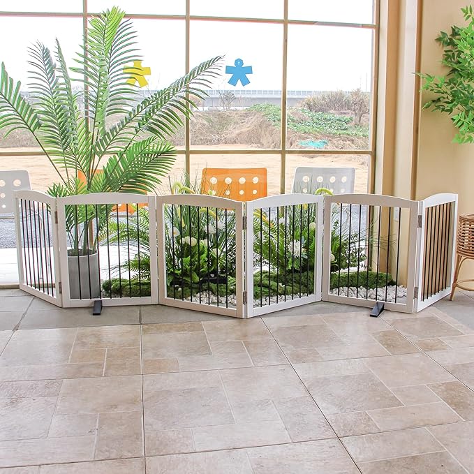 Freestanding Panel Dog Gate for Indoor Doorways, Stairs, or Hallways, Foldable Wooden Pet Gate, Support Feet Included, 24" Height-6 Panels, White-PawvioPets