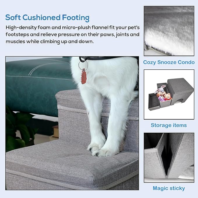 Dog Stairs with Storage Dog Steps for High Beds 3-Step Pet Stairs Ramp with Storage Box and Condo for Small Dogs Cats Pets-PawvioPets