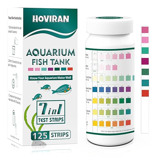 7 Way Aquarium Test Strips, 125 Count Fish Tank Test Strips for Freshwater Saltwater Pond, Water Testing Kit Aquarium for Chlorine, Total Hardness, Carbonate, Alkalinity, Nitrate, Nitrite and pH-PawvioPets
