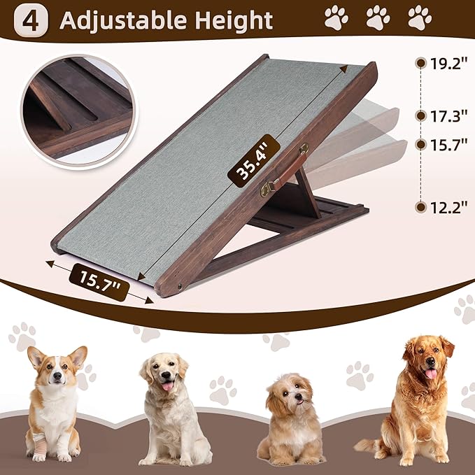 Folding Dog Ramp for Bed, Couch, Car, SUV & RV - Adjustable 4 Heights (12.2"-19.2"), 35.4" Long Wooden Pet Ramp with Non-Slip Mat & Safety Rails - Supports Pets up to 200 lbs-PawvioPets