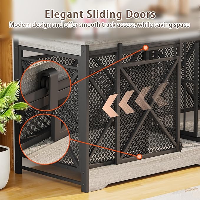 COZPAW 78 Inch Double Dog Crate Furniture, Extra Large Dog Kennel Indoor for Medium Large 2 Dogs, Heavy Duty Dog Cage Chew-Resistant Steel and Wooden Pet House with Removable Divider (Grey)-PawvioPets