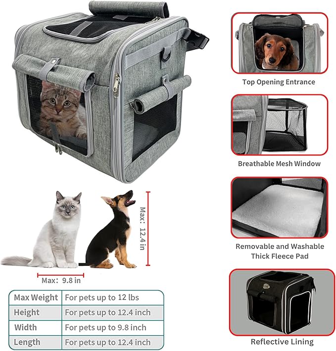 Dog Bike Basket, Expandable Soft-Sided Reflective Pet Carrier Backpack with 4 Open Doors, 4 Mesh Windows for Medium Small Dog Cat Puppies (Grey)-PawvioPets