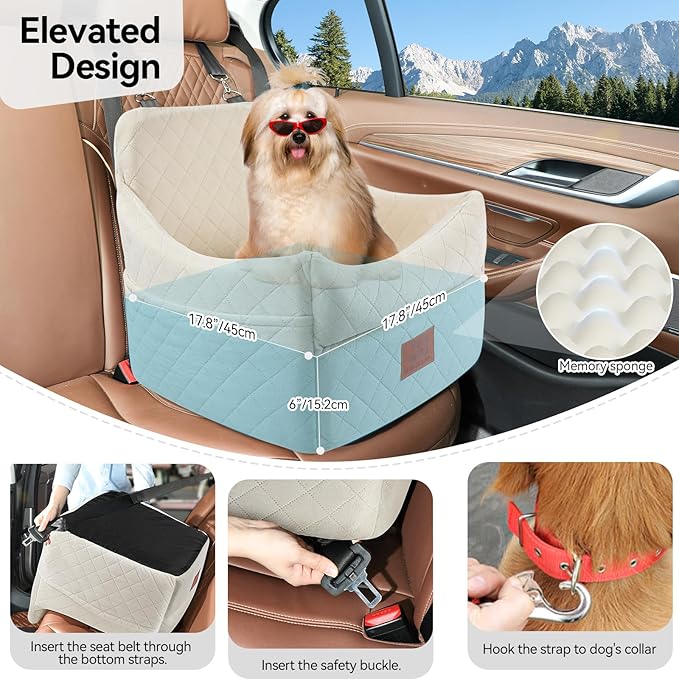 Dog Car Seat for Small/Medium Dogs, Dog Booster Car Seats with Thick Cushion for Dogs Under 35lbs, Detachable Washable Pet Carseat with Storage Pockets, 2 Safety Belts(Beige)-PawvioPets