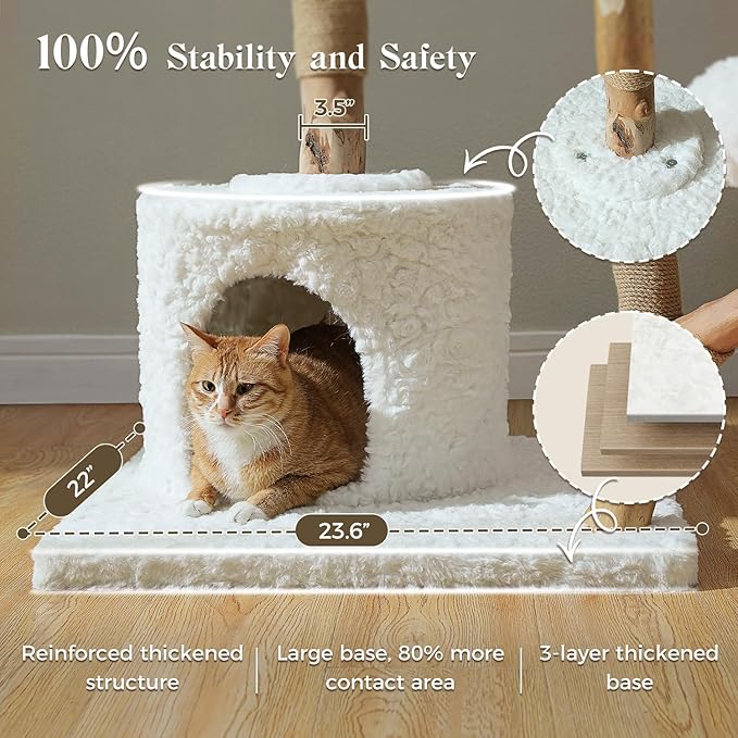 59" Modern Cat Tree Tower for Large Cats w/2 Flower Perches-Natural Solid Wood Scratching Post with Real Branch-Luxury Boho Cat Furniture w/Condo & Wicker Basket Bed, Cloud White-PawvioPets