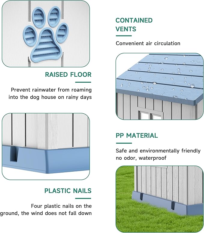DRATO Dog House Indoor Outdoor for Small to Large Sized Dogs Indoor Outdoor Doghouse Puppy Shelter with Elevated Floor, Easy to Assemble (Blue, 38Inch(37.8 * 40.87 * 38.82))-PawvioPets