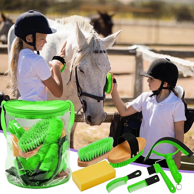 9 Pieces Horse Grooming Kit Tack Room Supplies Set with Organizer Tote Bag, Oval Massage Curry, Hard and Soft Brush, Hoof Pick, Sweat Scraper, Bathing Sponge, Combs for Horse Riders Beginners (Green)-PawvioPets