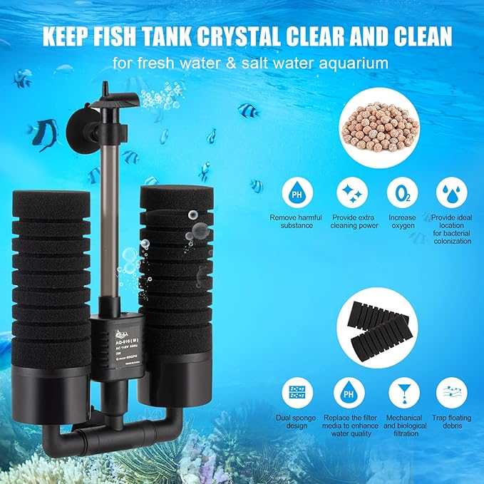 AQQA Aquarium Sponge Water Filter, Power Driven Double Biochemical Filter, Quiet Submersible Foam Filter with 2 Extra Sponges, 1 Bag of Filtered Ceramic Balls for Fresh and Salt Water Fish Tank (L)-PawvioPets