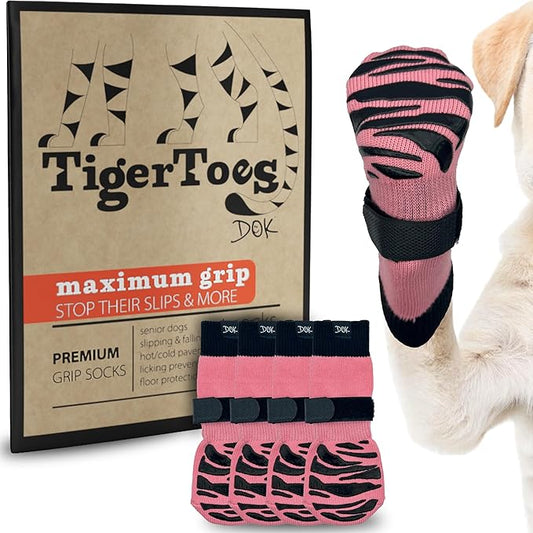 DOK TigerToes Premium Non-Slip Dog Socks for Hardwood Floors - Extra-Thick Grip That Works Even When Twisted - Prevents Licking, Slipping, and Great for Dog Paw Protection (Sassy Pink, Small)-PawvioPets