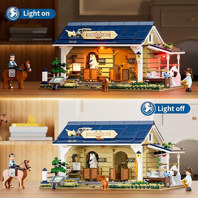 FUNWHOLE Farm Horse-Stable Lighting-Building-Bricks Set - Farm Life Horse Animals Cabin Collection LED Light Cottage Model Display Set 973 Pcs for Adults and Teen-PawvioPets
