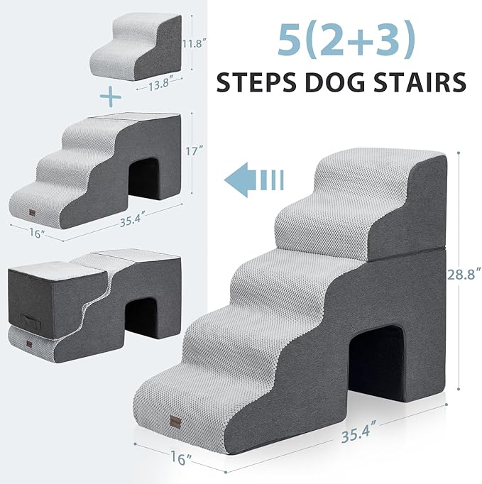 Dog Stairs for High Beds with Tunnel, 5-Step Dog Steps for Small Dogs and Cats, Foldable Pet Stairs for High Bed Climbing, Non-Slip Balanced Pet Step Indoor, Dark Grey-PawvioPets