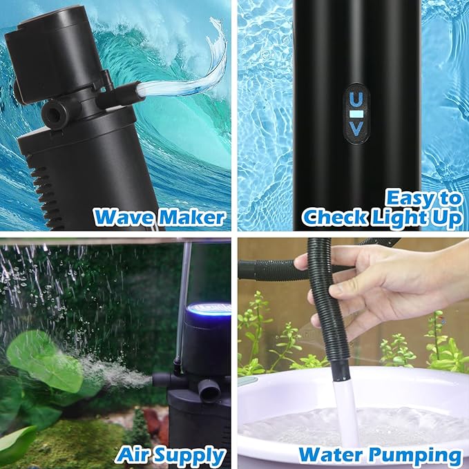 158GPH Small Aquarium Filter, UV Sterilizer for Aquarium for 10-45 Gallon Tank, Internal Pump for Turtle Betta Fish Tank Filter Silent 4-in-1 Green Killing Machine with Fish Tank Filters Deodorization-PawvioPets