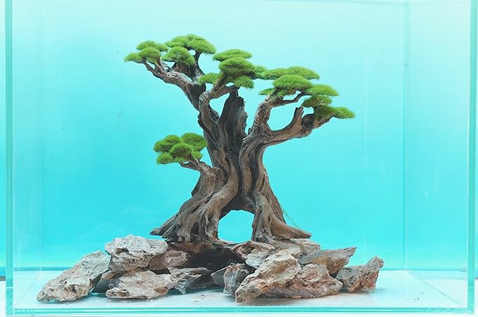 Fish Tank Decor- Bonsai Tree of The Forest with Faux Moss- Aquarium Decoration Aquascaping- Made of Sandstone, 8.8 x 4.3 x 7.8 inches-PawvioPets