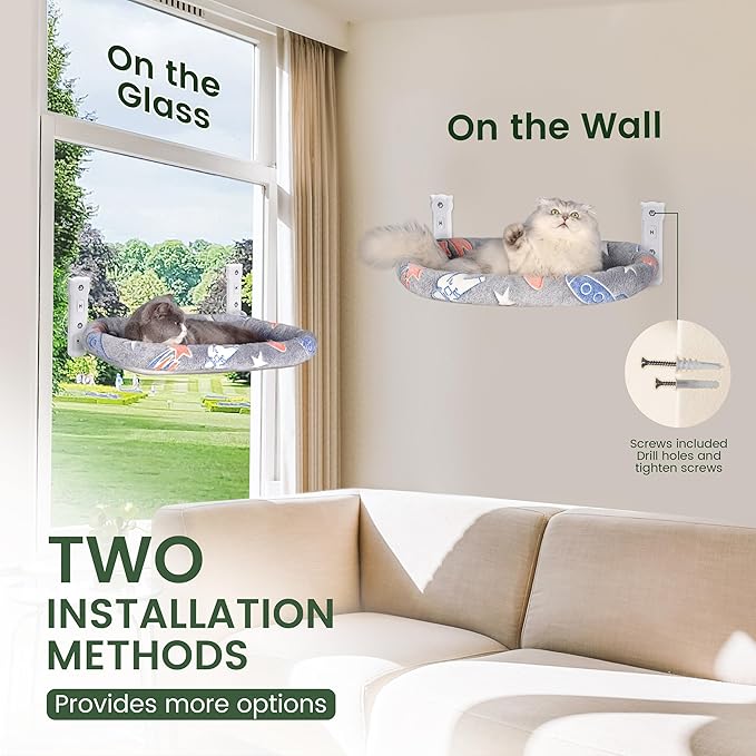 2 Pack Cat Window Perch, Glow in The Dark Foldable Cat Hammock with Cozy Pad Bed, Breathable Cordless Window Seat with Stud Metal Frame for Large Cats and Kitten (Cushion Bed, 2 Pack - L)-PawvioPets