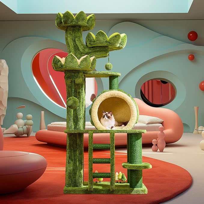 80.3'' Modern Cat Tree, Tall Cat Tower for Indoor Cats Adults, Luxury Climb Tower with Scratching Post, Heavy Duty Cat Condo with Ladder, Toys, Double Sided Mat, Lotus Perch for Multi-Cat Families-PawvioPets