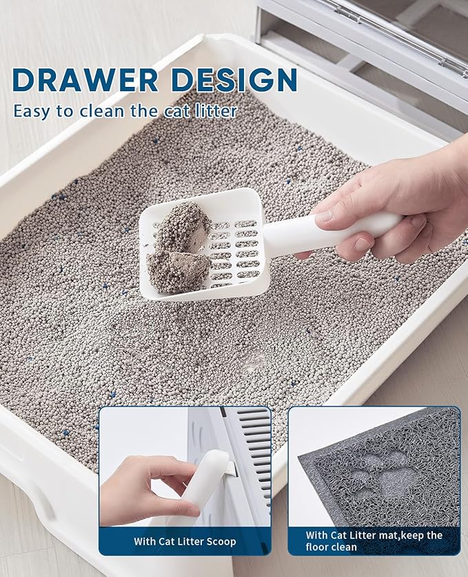 Cat Litter Box with Litter Mat and Scoop, Large Foldable Litter Box with Lid, Front Entry Top Exit Kitty Box, Odor Control, Easy to Clean (Grey)-PawvioPets