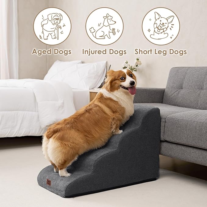 EHEYCIGA Curved Dog Stairs Ramp for High Beds 19.7" H, 4-Step Dog Steps for Small Dogs and Cats, Pet Stairs for High Bed Climbing, Non-Slip Balanced Pet Step Indoor, Grey-PawvioPets