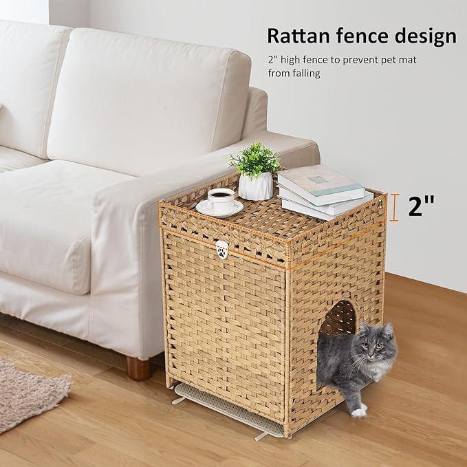 Cat Litter Box Enclosure with Soft Litter Mat; Hidden Cat Washroom Furniture with Door; Handwoven Rattan Cat House; Pet Crate for Living Room, Bedroom, Balcony (Natural)-PawvioPets